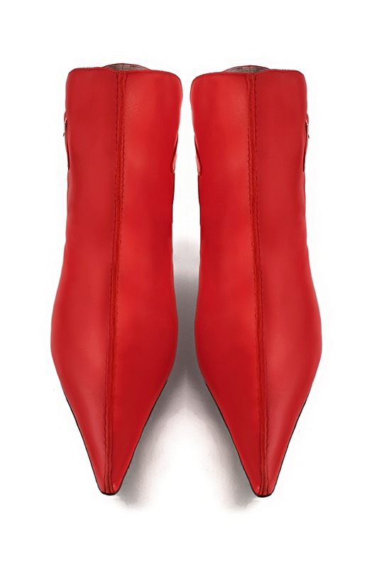 Scarlet red women's ankle boots with buckles at the back. Pointed toe. High spool heels. Top view - Florence KOOIJMAN